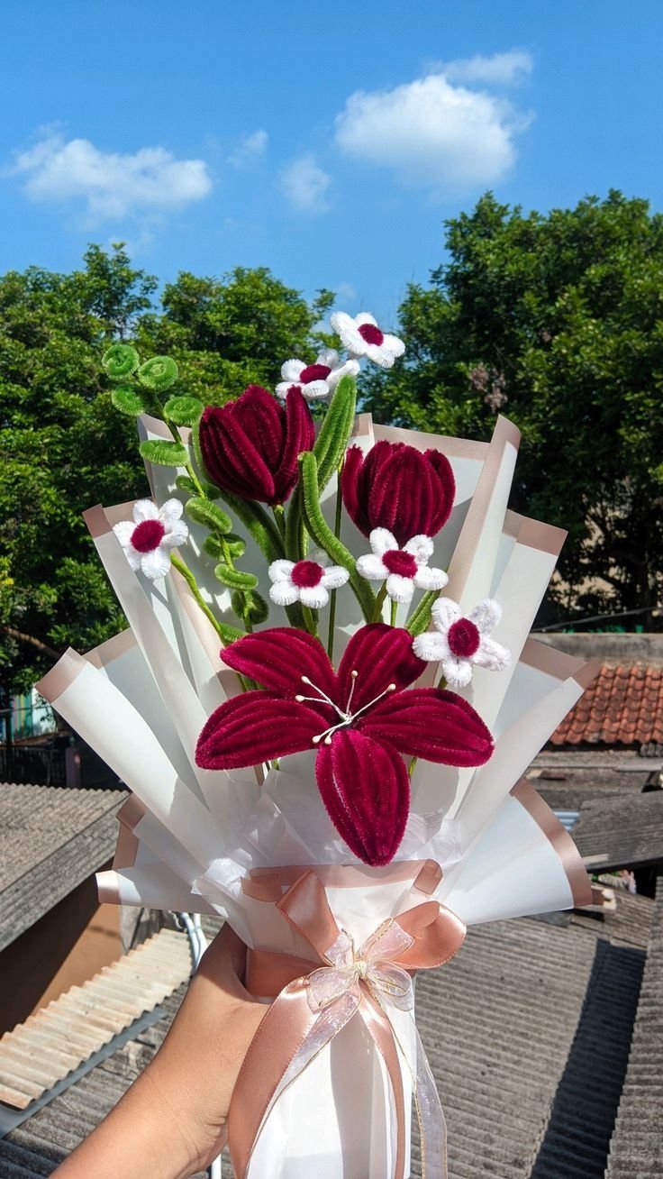 red pipe cleaner flower bouquet handmade diy gift